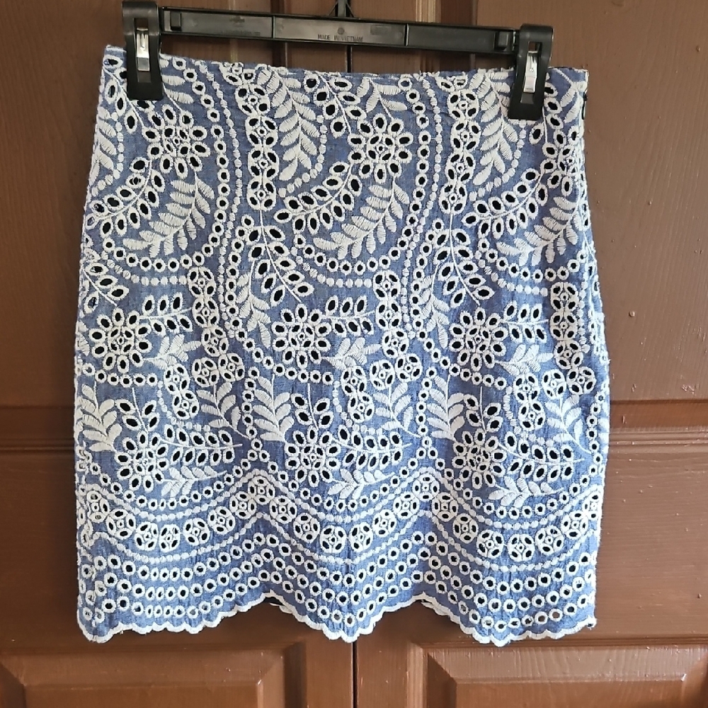 LOFT Blue and White Embroidered Mini Skirt